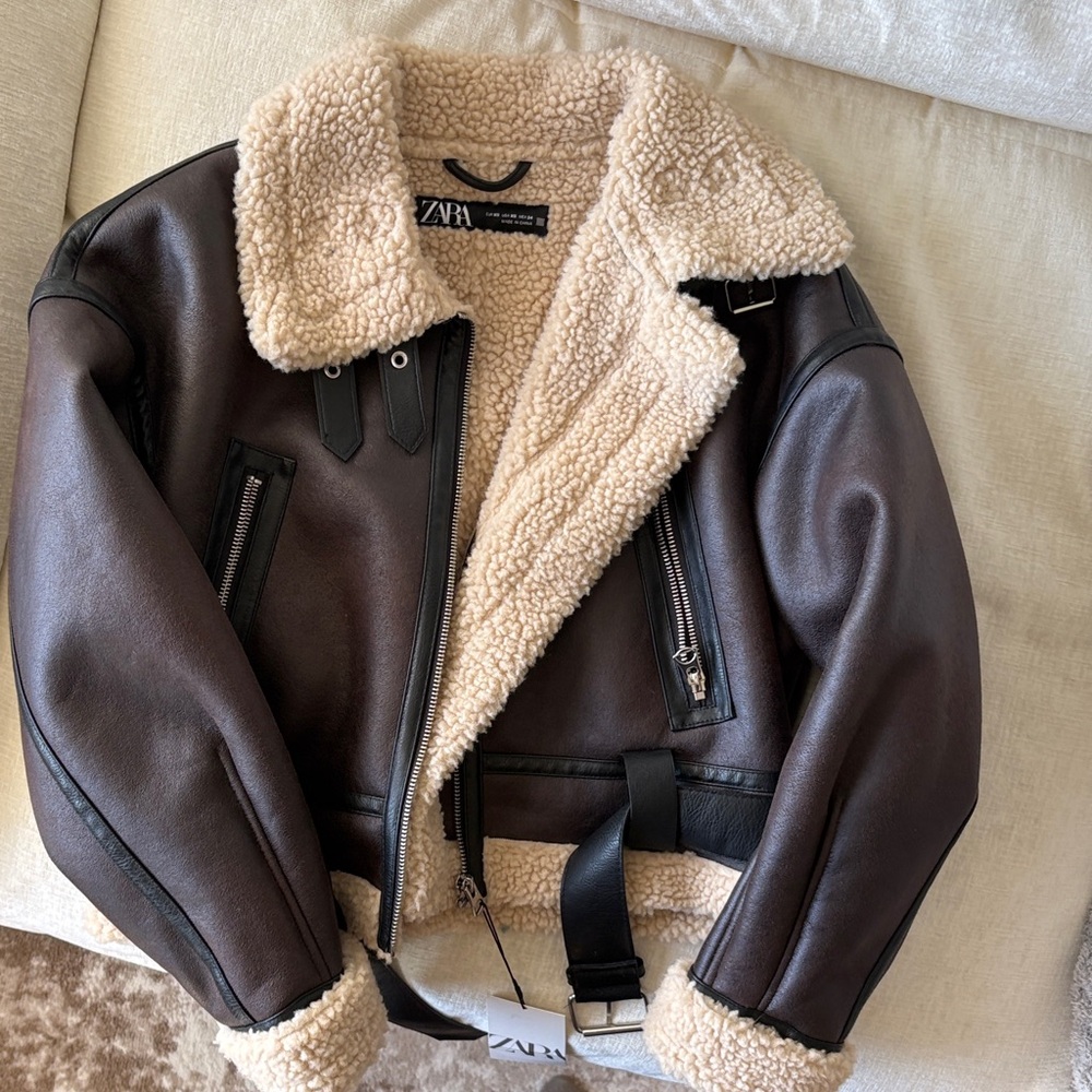 Zara Dark Brown and Cream Shearling Aviator Jacket